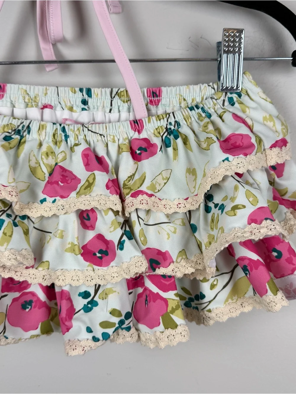 New Sweet Honey Blue Pink Floral Ruffle Halter Swim Bikini Top Size 10 Years